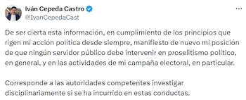 Iván Cepeda reiteró su postura sobre la no intervención de funcionarios públicos en actividades de proselitismo político. - crédito @IvanCepedaCast/X