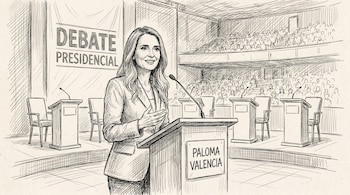Ilustración a mano alzada de Paloma Valencia, de pie en un podio con su nombre, hablando en un debate presidencial con un auditorio lleno al fondo.