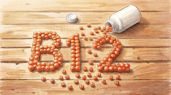 Ilustración de píldoras naranjas que forman la palabra 'B12' en una superficie de madera. Un frasco blanco volcado con más píldoras y una tapa al lado.