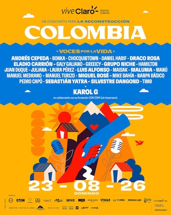El evento benéfico reunirá a artistas nacionales e internacionales como Andrés Cepeda, Sebastián Yatra, Grupo Niche y Miguel Bosé. Karol G participará de forma remota y posteriormente se sumaron Maluma y Luis Alfonso - crédito Páramo Presenta