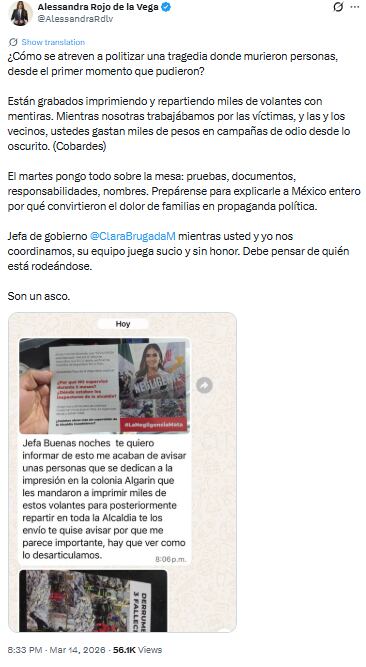 La tragedia, con saldo de tres trabajadores muertos y un sobreviviente hospitalizado, desató acusaciones de politización y campañas de desinformación en la CDMX. | (Crédito: X(@AlessandraRdlv)