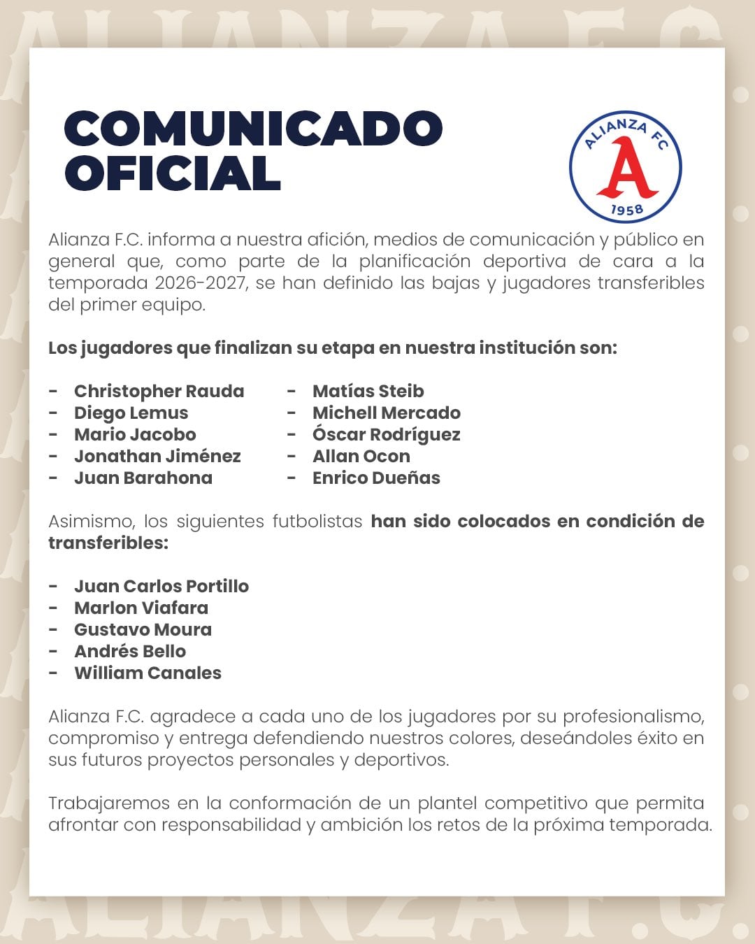 Comunicado oficial del Alianza para informar sobre la situación de los jugadores./ (Alianza Fútbol Club)