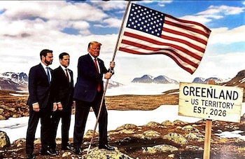 La publicación incluye al vicepresidente JD Vance y al secretario de Estado Marco Rubio, además de un letrero con la leyenda “Groenlandia, territorio estadounidense est. 2026”, según el contenido difundido en enero