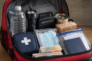 Mochila roja abierta con una botella de agua, linterna, radio, botiquín, mascarillas, dinero en efectivo y documentos en una bolsa.
