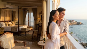 Pareja sonriente, Onelia Molina y Kevin Díaz, en un balcón con vista al mar y la ciudad amurallada de Cartagena. Detrás, una lujosa suite con cama con dosel.