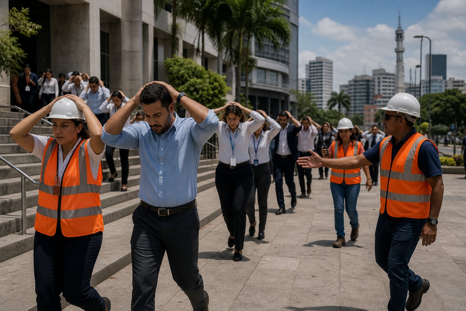 Empleados de oficinas participan en un simulacro nacional de evacuación por terremoto en las calles de Santo Domingo, República Dominicana. (Imagen Ilustrativa Infobae)