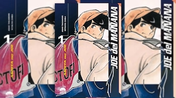 Portada del manga Joe del Mañana con un joven dibujado de espaldas con gorra beige, sobre un fondo extendido con la misma imagen repetida.