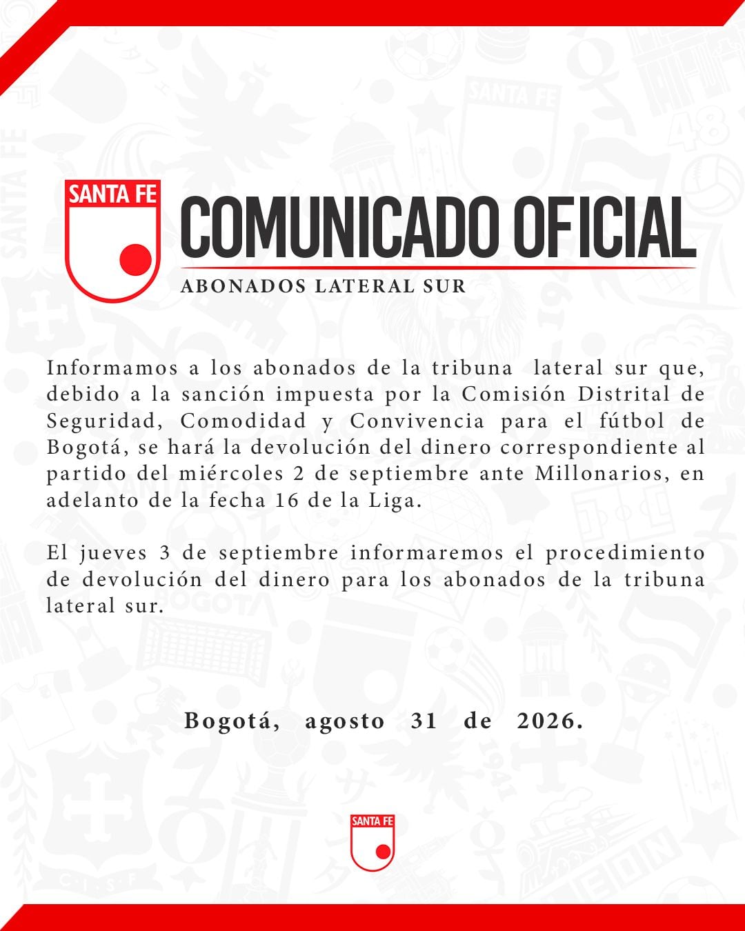 Comunicado de Independiente Santa Fe sobre la devolución del dinero a los abonados de la tribuna sur - crédito Santa Fe