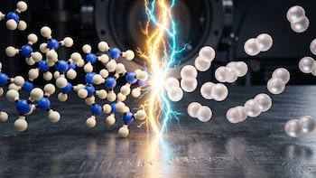 Modelos moleculares de esferas azules y blancas a la izquierda, un rayo de luz en el centro y esferas blancas a la derecha sobre una mesa
