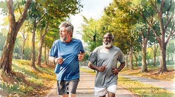 Ilustración en acuarela de dos hombres mayores con ropa deportiva que corren por un camino de parque rodeado de árboles.