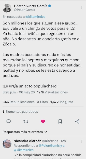 Captura de pantalla de un tuit de Héctor Suárez Gomís (@PelonGomis) criticando a Sheinbaum, mostrando su foto de perfil y texto de la publicación