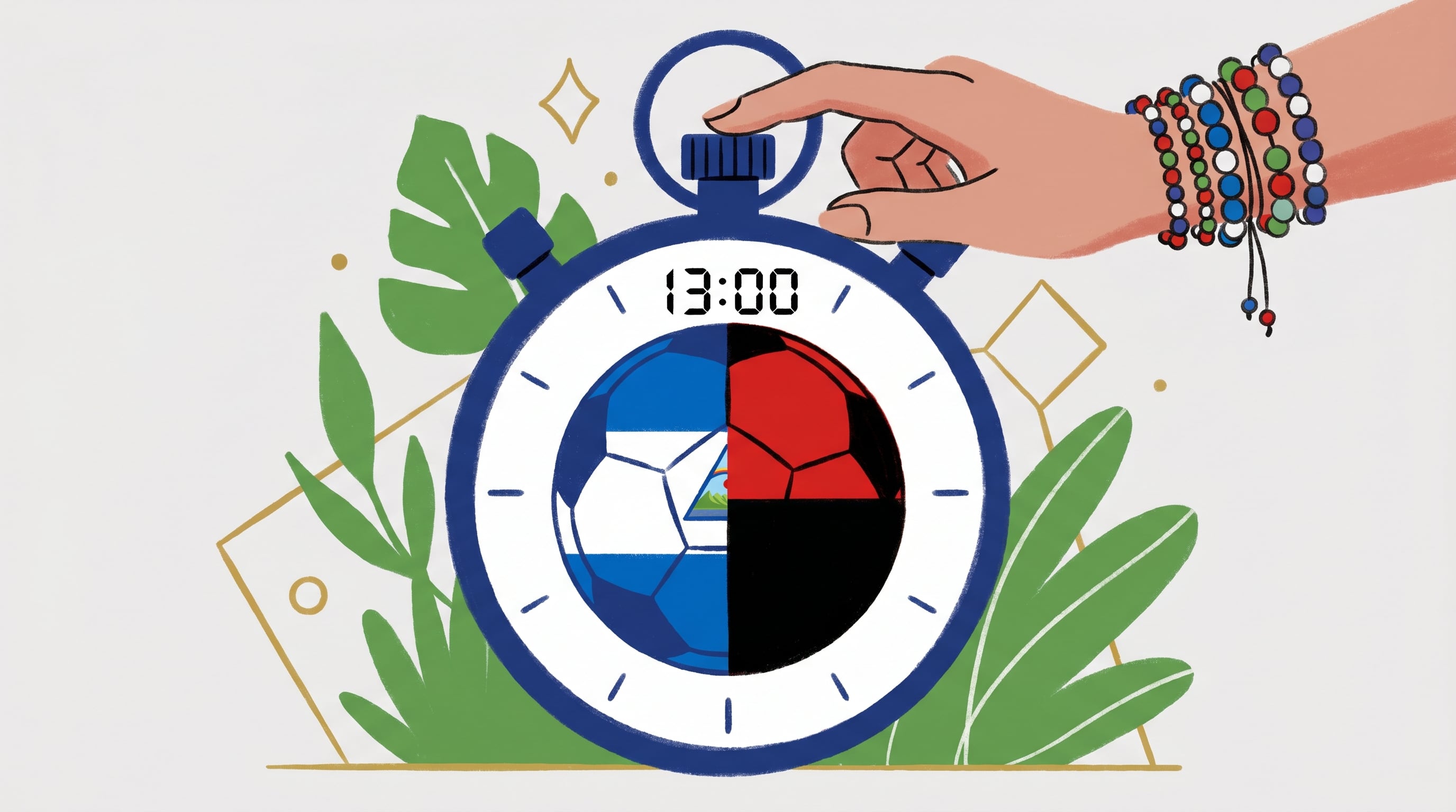 Una mano con pulseras coloridas, alusiva a Rosario Murillo, presiona el botón de un cronómetro que detiene un balón de fútbol dividido entre los colores de la bandera de Nicaragua y los sandinistas, simbolizando el control político y la pausa forzada en el país. (Imagen Ilustrativa Infobae)