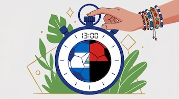 Ilustración: Una mano con pulseras presiona un cronómetro azul que marca 13:00. Un balón dividido en bandera de Nicaragua y sandinista está en el centro.