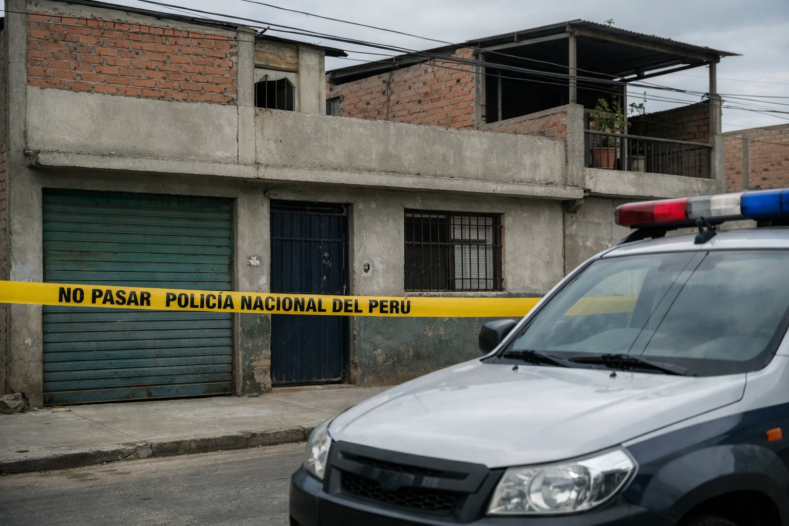 Una vivienda urbana popular peruana está acordonada con cinta policial amarilla con la leyenda