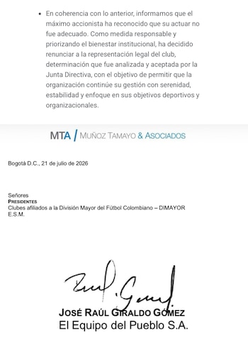 Raúl Giraldo había renunciado a la representación leal del Deportivo Independiente Medellín, pero firmó la carta del G8 como tal - crédito DIM/MTA Muñoz Tamayo & Asociados