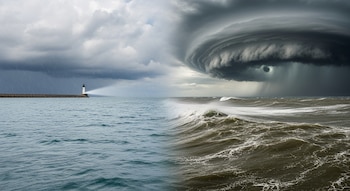 Imagen horizontal con transición suave de un océano azul y faro bajo lluvia ligera, a un mar oscuro con olas gigantes y un huracán gris intenso con ojo.
