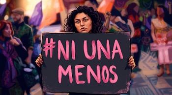 Ilustración de una mujer sosteniendo un cartel negro con el texto Ni Una Menos escrito en tono rosa frente a un fondo difuminado de personas.