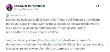 Esmeralda Hernández criticó la instalación de la mesa directiva de la Comisión Primera del Senado - crédito @EsmeHernandezSi/X