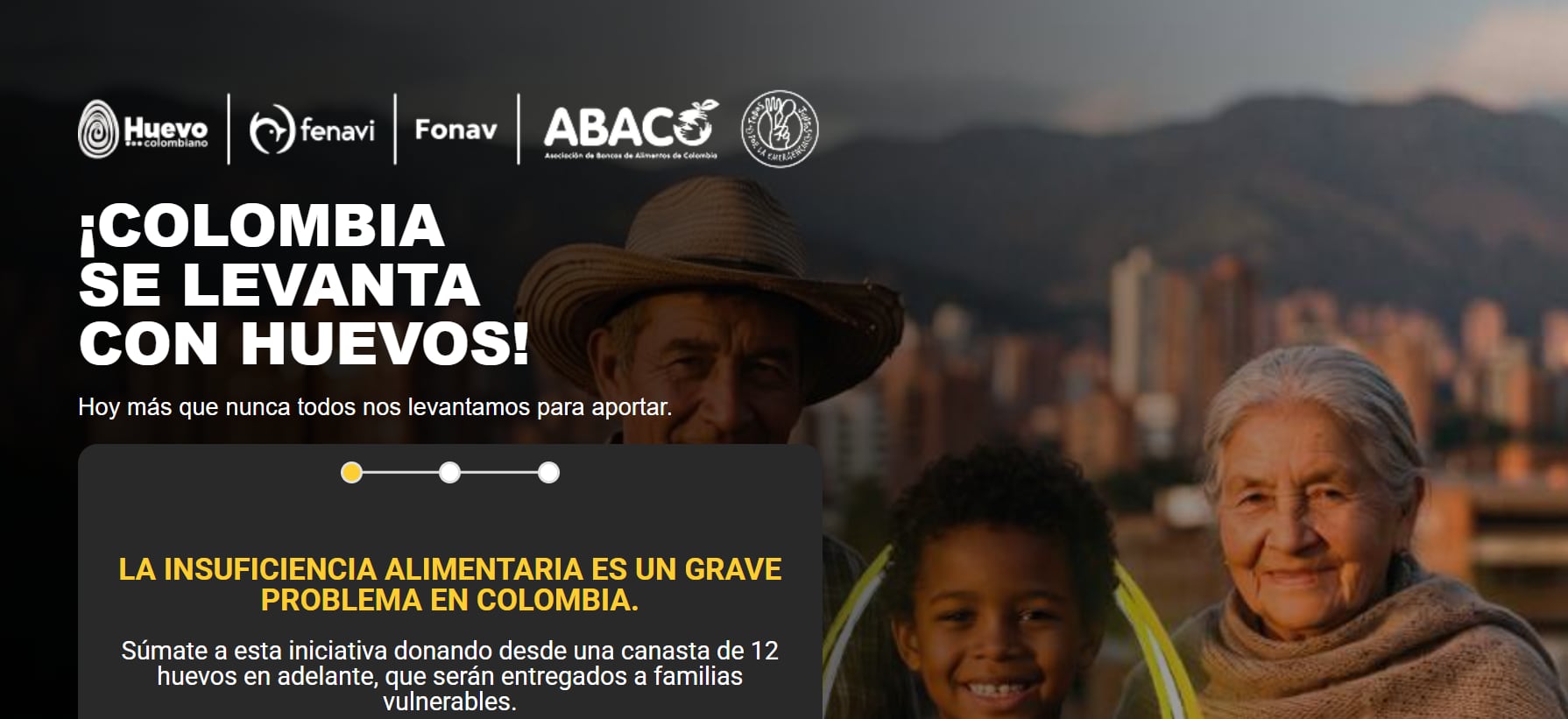 La plataforma donahuevos.co recibiría aportes monetarios de los ciudadanos para incrementar el volumen de alimentos entregados - crédito https://donahoy.abaco.org.co/fenavihuevos2026