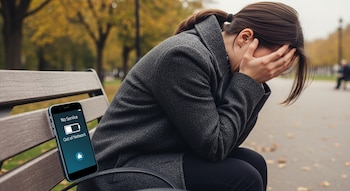 Una mujer con abrigo gris oscuro se sienta en un banco de parque, cubriéndose el rostro. Un teléfono móvil muestra 'No Service' y batería baja a su izquierda.