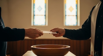 Manos de un feligrés entregando un sobre blanco a un pastor, con un cuenco de madera al frente. Dos vitrales sencillos iluminados por luz natural al fondo.