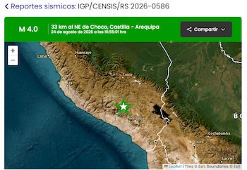 Mapa satelital del sur de Perú con una estrella verde sobre Arequipa y un panel superior de color verde con texto informativo