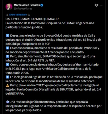 El abogado afirmó que la resolución de la Dimayor es una situación jurídica muy particular porque sanciona al jugador y no al club por el partido ya disputado-crédito @mbeesellares/X