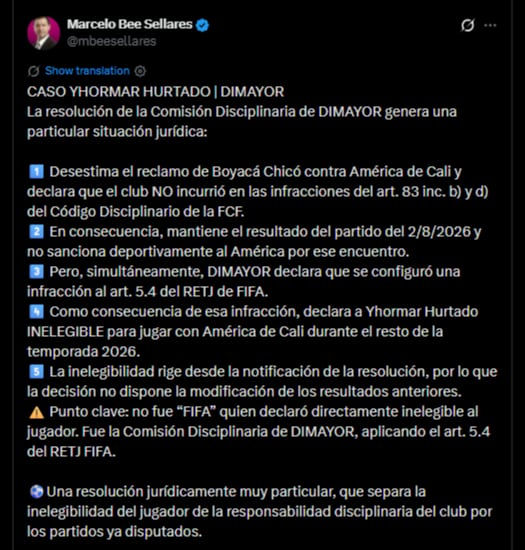 El abogado afirmó que la resolución de la Dimayor es una situación jurídica muy particular porque sanciona al jugador y no al club por el partido ya disputado-crédito @mbeesellares/X