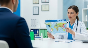 Una doctora muestra un mapa mundial de vacunación a un paciente en un consultorio. Hay una caja de medicamentos Medician y un repelente en el escritorio.