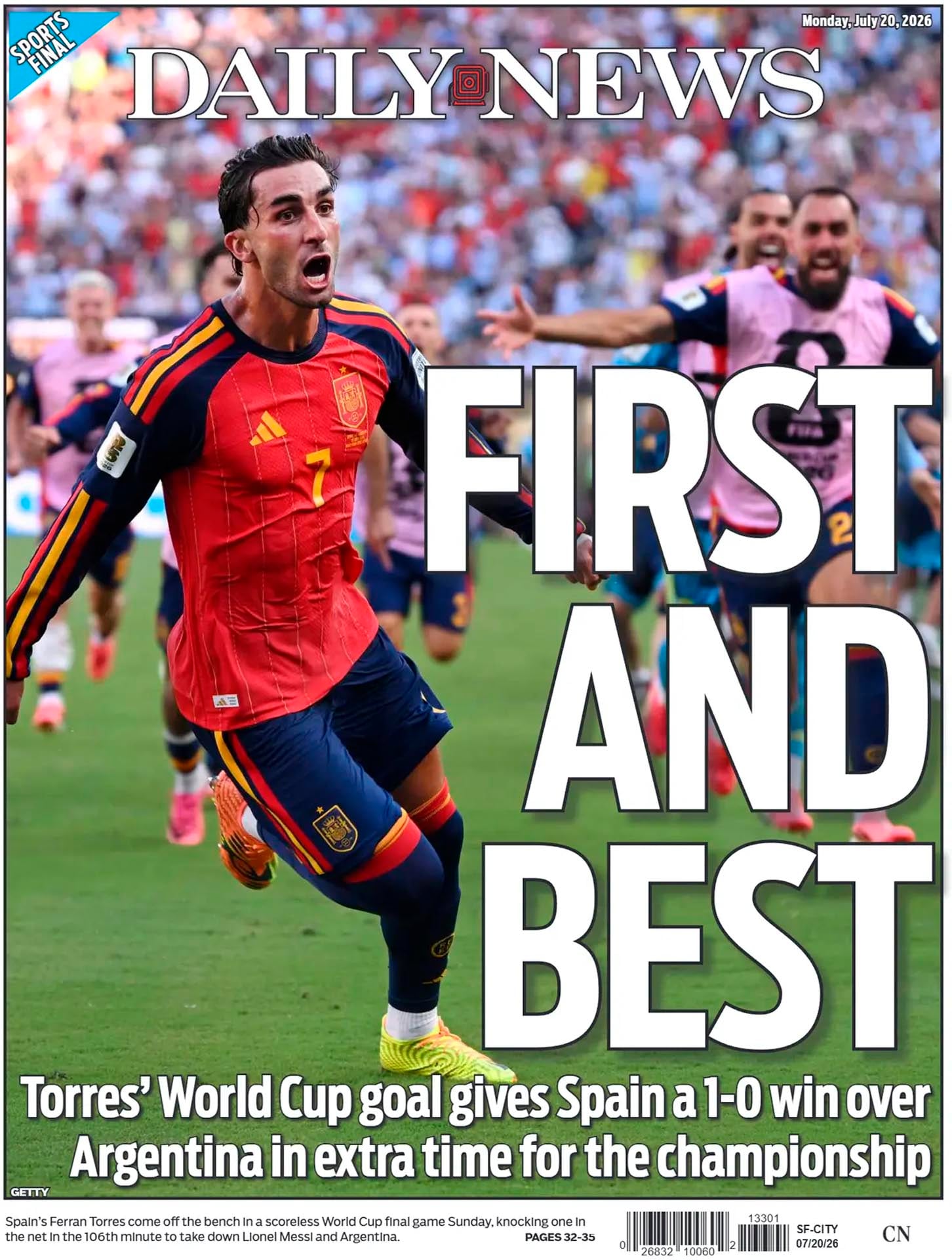 La portada del diario Daily News destaca la victoria de España por 1-0 contra Argentina en la final del Mundial, con el gol de Ferran Torres en tiempo extra.