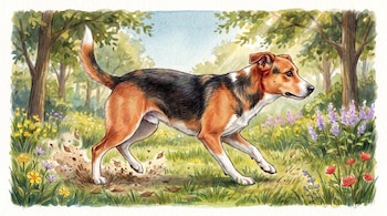 Ilustración de un perro tricolor con pelaje marrón, negro y blanco corriendo en un campo verde con árboles y flores de colores, levantando tierra.
