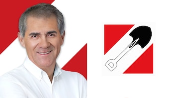 Retrato de Jorge Luis Quintana García Godos junto al símbolo de Acción Popular sobre un fondo con franjas rojas y blancas