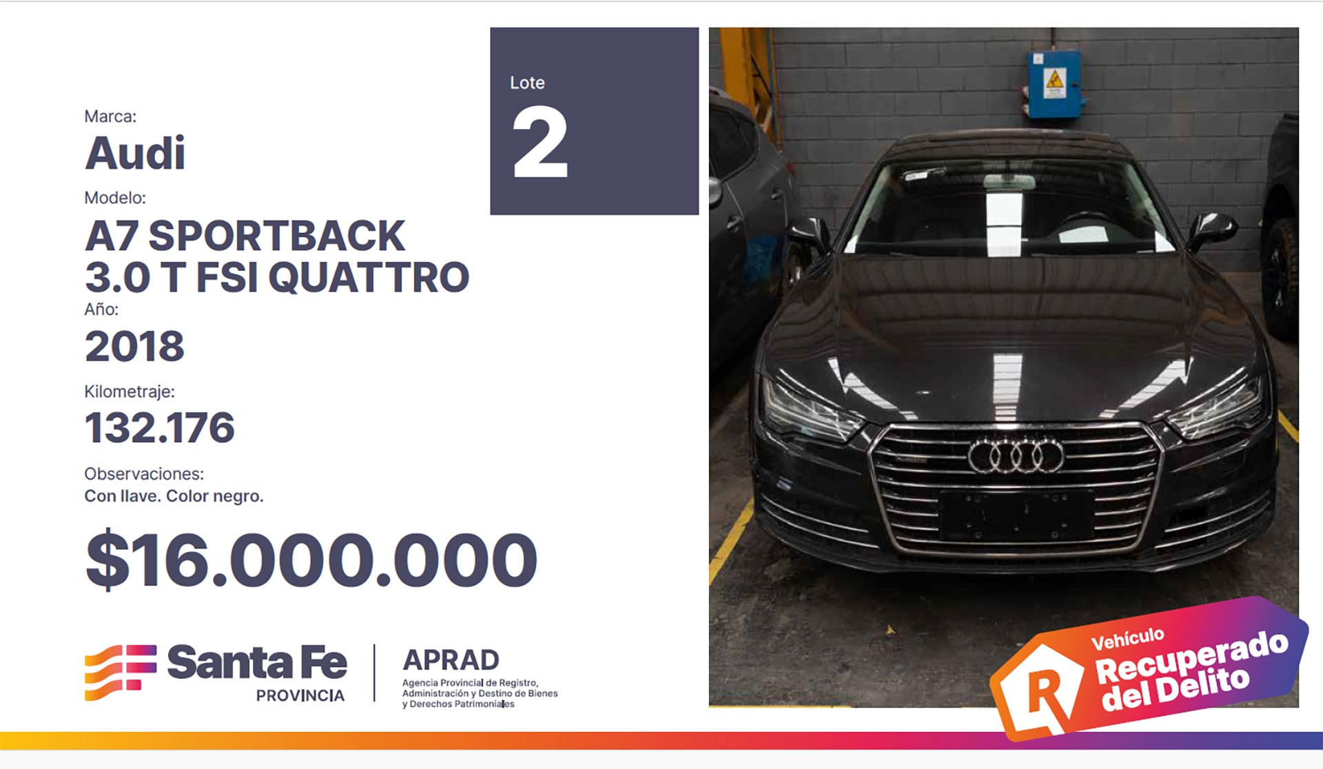 Un Audi A7 Sportback 2018 de color negro, recuperado del delito, se exhibe como parte de un lote para subasta en la provincia de Santa Fe, Argentina.