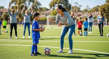 Una mujer, agachada, habla con un niño que sostiene un balón de fútbol en un campo verde. Más adultos y niños con balones son visibles en el fondo.
