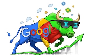 Caricatura de un toro de Wall Street con el cuerpo en colores del logo de Google, gafas AR que muestran el símbolo de Gemini y subiendo un gráfico ascendente.