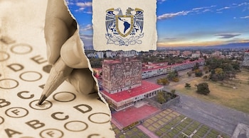 Mano con lápiz rellenando alvéolo de hoja de examen; al fondo, vista aérea de Ciudad Universitaria con Rectoría y escudo de la UNAM en papel texturizado.