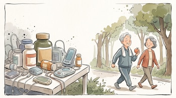 Dibujo dividido en dos partes: frascos y dispositivos sobre una mesa a la izquierda, y dos adultos mayores que caminan en un parque a la derecha.