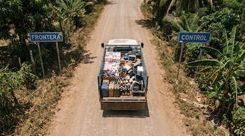 Un camión avanza por una carretera de tierra, entre vegetación. Muestra las señales "Frontera" y "Control". La caja está llena de cajas, botellas y bidones.