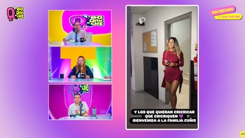 Tela dividida com três imagens de um apresentador de TV à esquerda e à direita uma mulher loira com um minivestido vermelho andando por aí, com um texto escrito