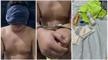 Tres imágenes que presentan a un hombre con los ojos vendados, unas manos esposadas y elementos de curación sobre una tela azul.