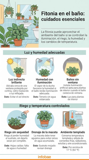 Infografía explicativa con textos e ilustraciones de una planta fitonia junto a recomendaciones de luz, humedad, riego y temperatura.
