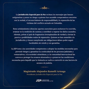 JEP instó a autoridades a prevenir amenazas y preservar procesos restaurativos - crédito @JEP_Colombia/X