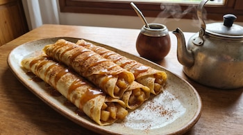 Cuatro panqueques enrollados con relleno de manzana y canela, bañados en caramelo y espolvoreados con canela, en un plato. Un mate con bombilla y una pava.