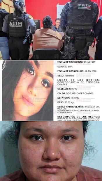 Composición de tres imágenes: agentes de policía con una persona sentada, un cartel de búsqueda de una mujer y un primer plano del rostro de otra mujer