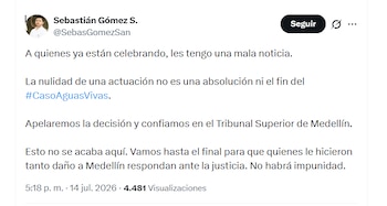 Sebastián Gómez, secretario general de la Alcaldía de Medellín, aseguró que apelarán la decisión que declaró la nulidad de la imputación contra Daniel Quintero - crédito @SebasGomezSan/X