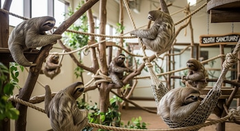 Vista interior de seis perezosos de pelaje grisáceo y marrón, trepando en ramas, cuerdas y descansando en una hamaca dentro de un santuario. Un letrero dice "SLOTH SANCTUARY".