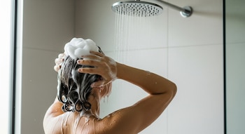Persona lavando su cabello con abundante espuma blanca bajo la ducha. Se observan manos en la cabeza y agua cayendo desde el cabezal.