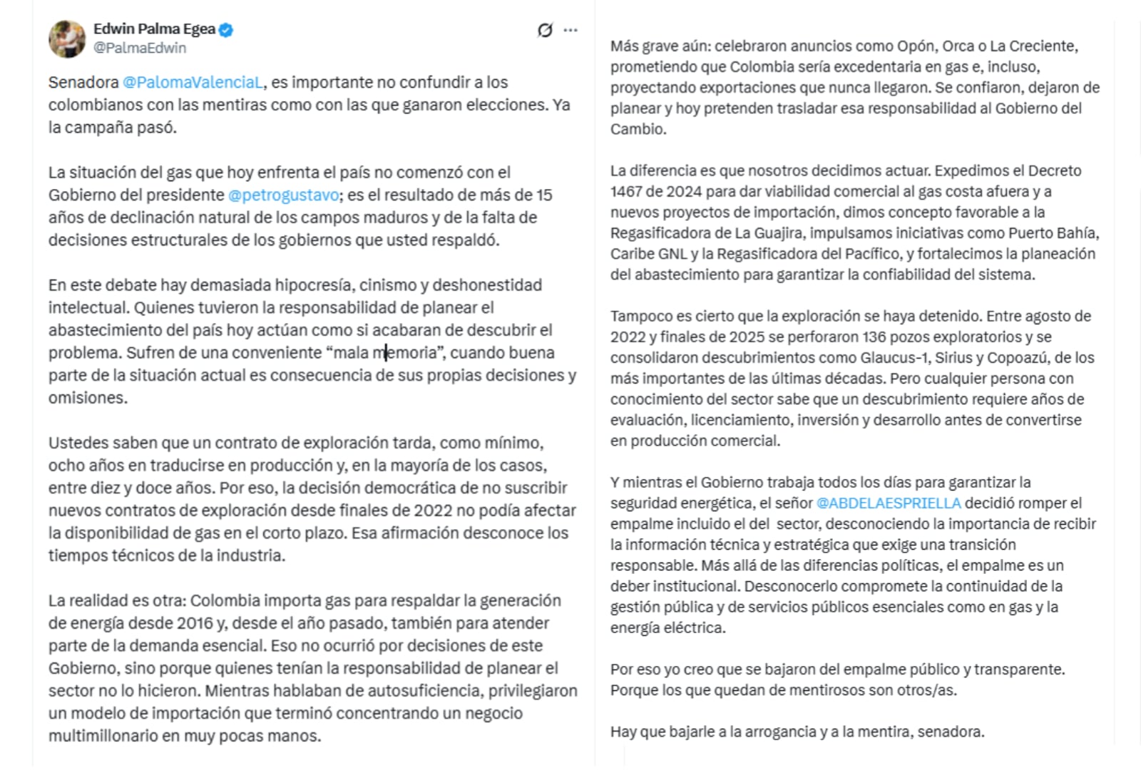 El ministro Edwin Palma Egea aseguró que no hay consecuencias a corto plazo por no firmar más contratos de exploración de hidrocarburos - crédito @PalmaEdwin/X