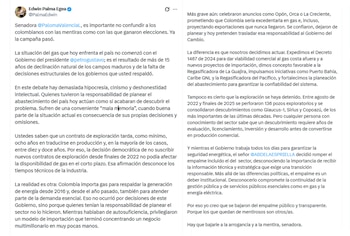 El ministro Edwin Palma Egea aseguró que no hay consecuencias a corto plazo por no firmar más contratos de exploración de hidrocarburos - crédito @PalmaEdwin/X