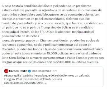 El jefe de Estado afirmó que si un char llega a la Presidencia los narcos pueden tener poder en el país - crédito @petrgustavo/X